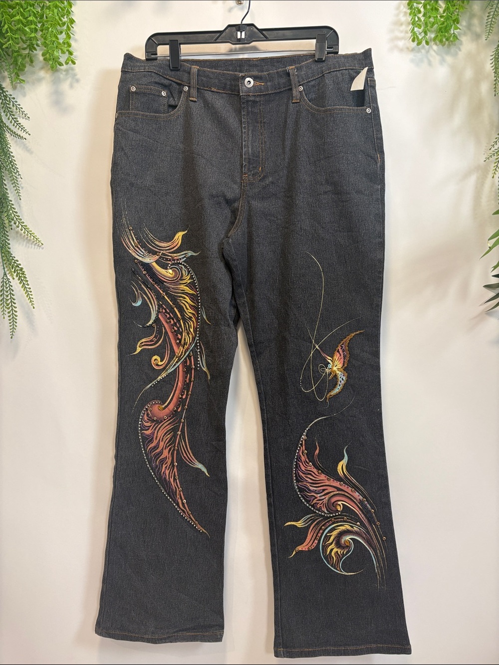 DG2 by Diane Gilman Black Bootcut Jeans with Multicolor Swirl Embroidery